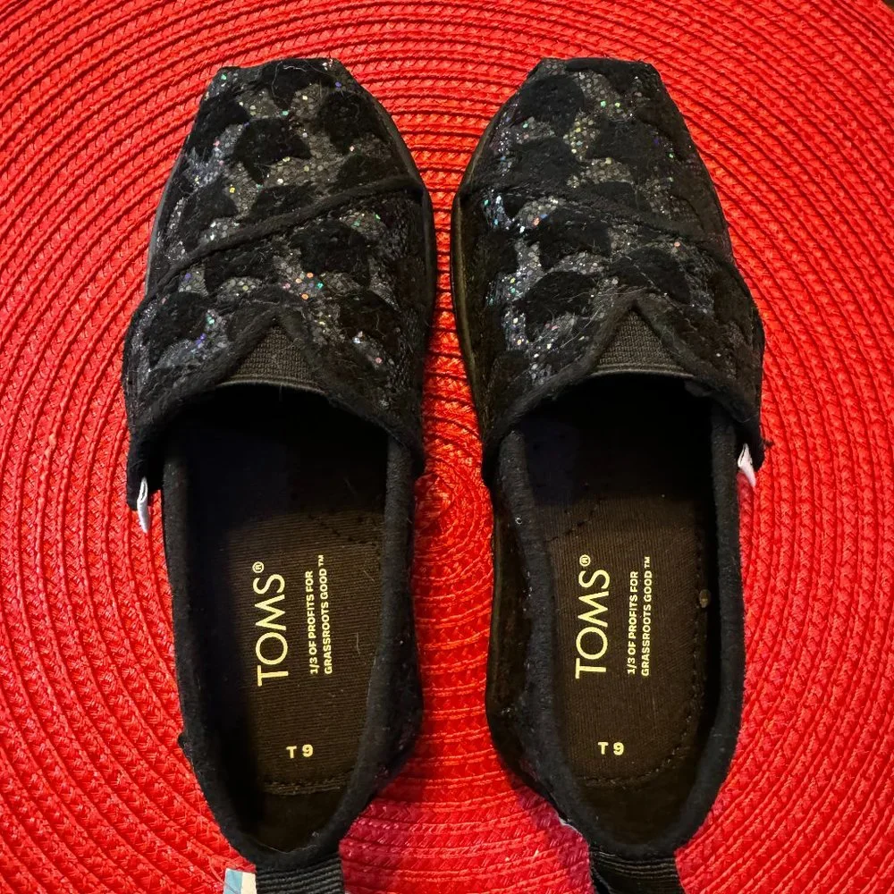 Toms Toddler Tiny Alpargata Black Flocked Cats Size 9 - Iridescent Glitter